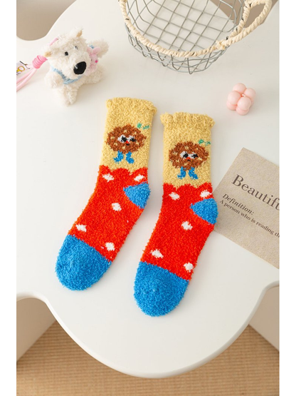 Cookie style fuzzy crew socks with red body and blue toes