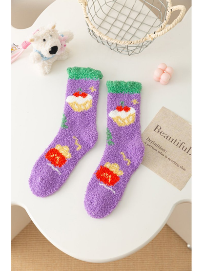 Fries style fuzzy purple crew socks with green cuffs