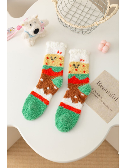 Hamburger style fuzzy crew socks with green toes and cuffs