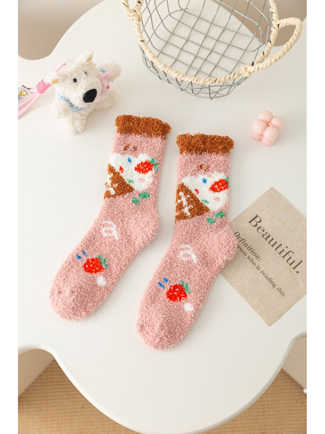 Ice Cream style fuzzy pink crew socks with brown cuffs