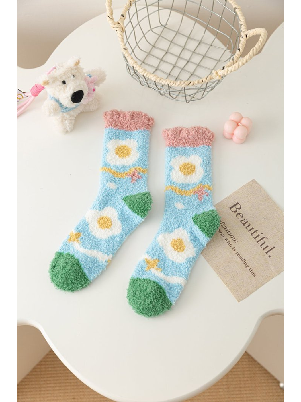 Daisies style fuzzy light blue crew socks with green toes