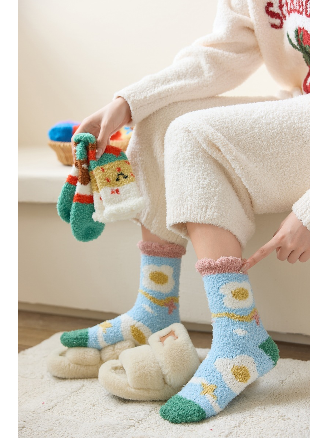 Daisies style fuzzy crew socks worn with cream loungewear