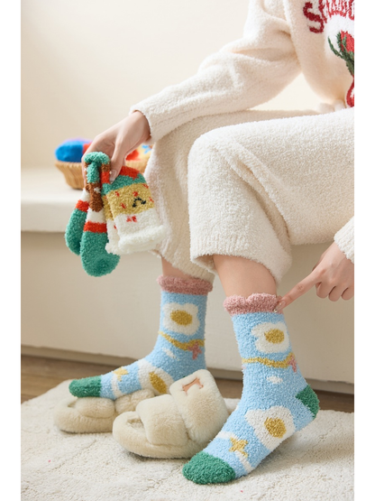 Daisies style fuzzy crew socks worn with cream loungewear