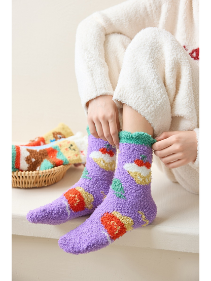 Fries style fuzzy purple crew socks being adjusted while worn