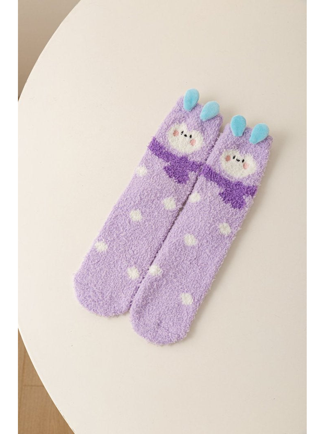 Light Purple fuzzy animal character socks with blue ear accents and white dots