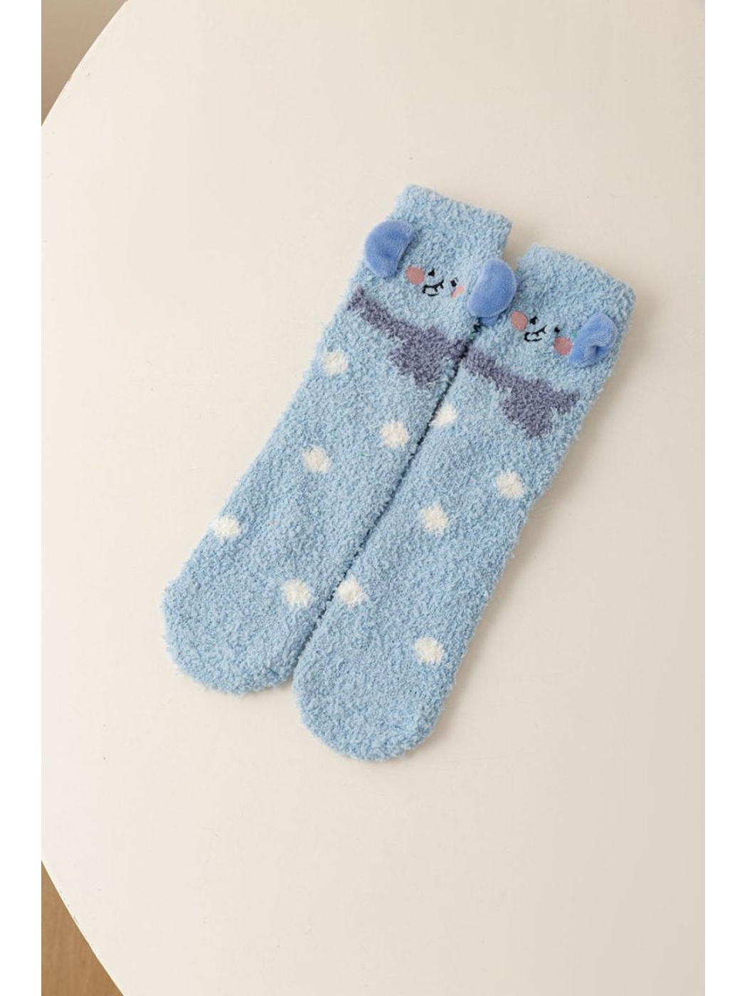 Light Blue fuzzy animal character socks with blue ear accents and white dots