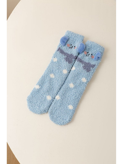 Light Blue fuzzy animal character socks with blue ear accents and white dots