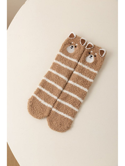 Camel fuzzy animal character socks with raised ears and cream stripes