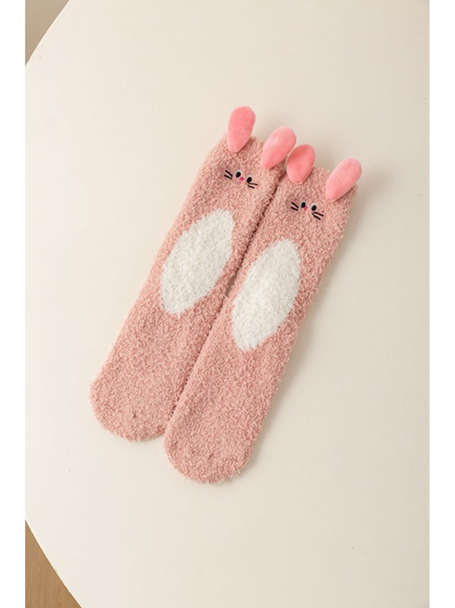 Dusty Pink fuzzy rabbit character socks with raised ears and a white belly motif