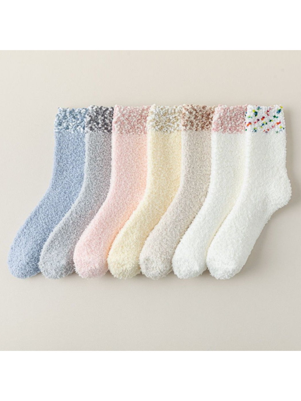 Fuzzy crew socks in seven colors displayed together