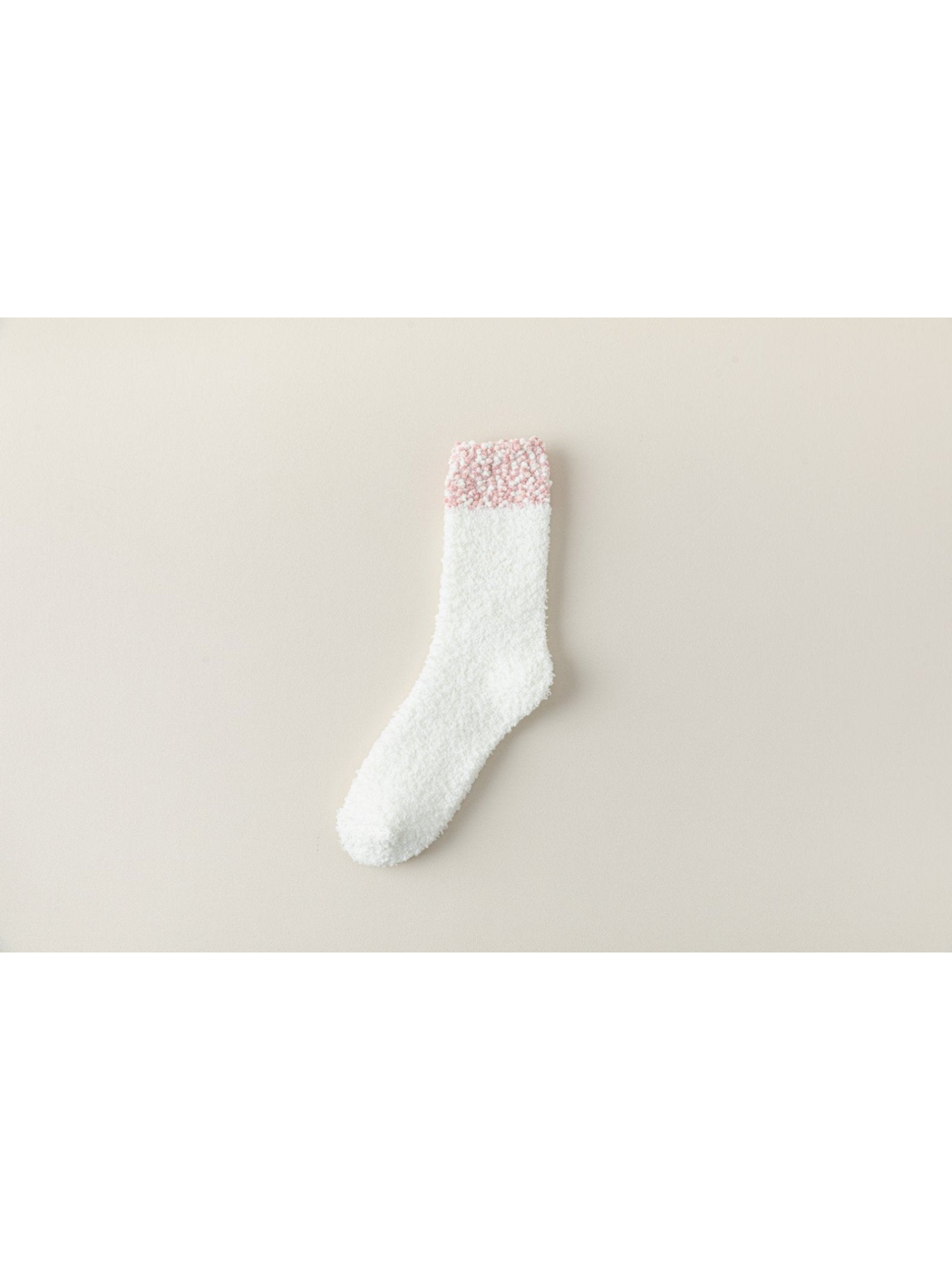 White Pink fuzzy crew sock with a pink bobble-textured cuff
