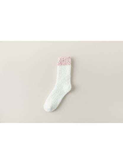 White Pink fuzzy crew sock with a pink bobble-textured cuff