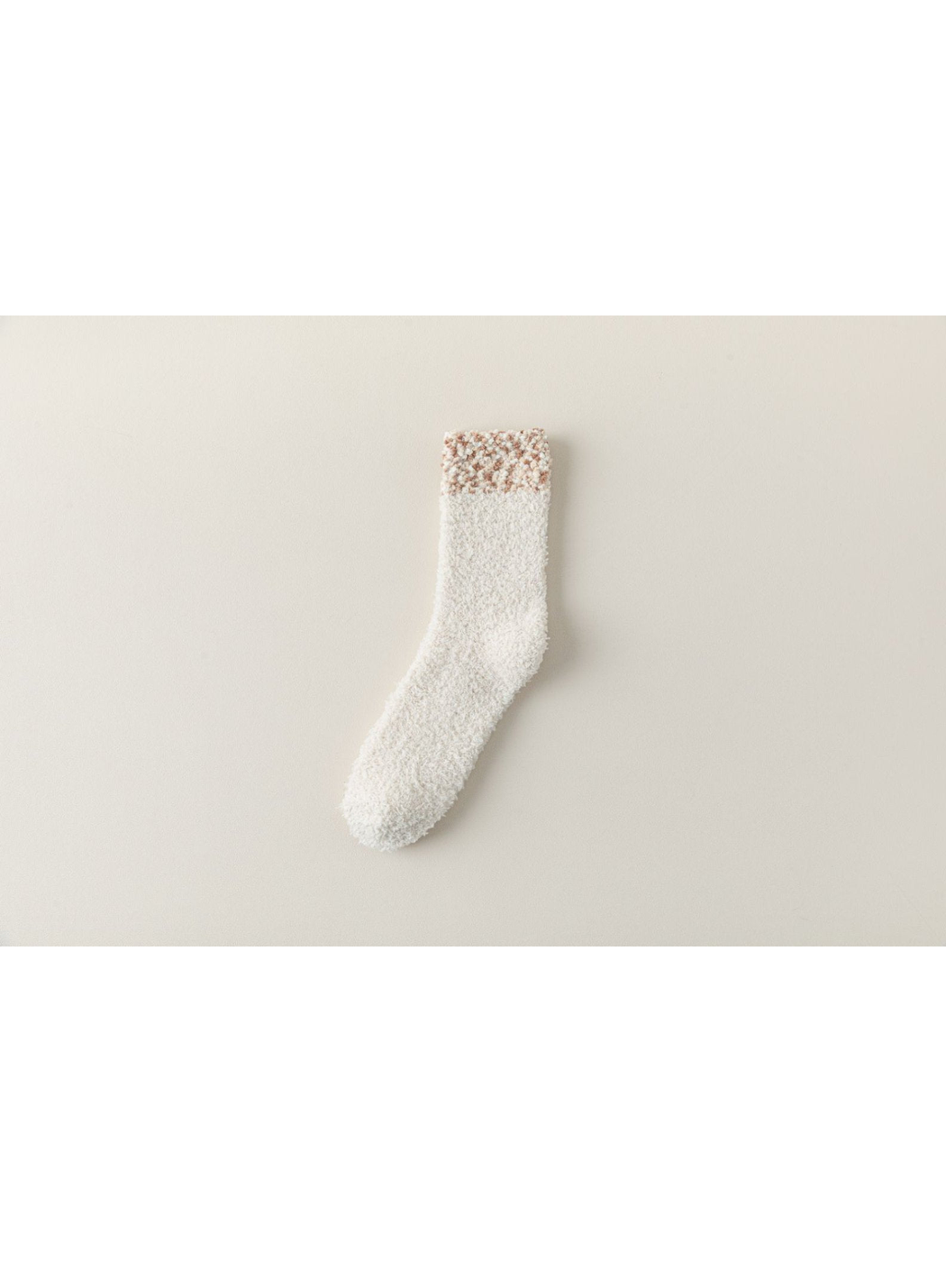 Beige Brown fuzzy crew sock with a mottled cuff