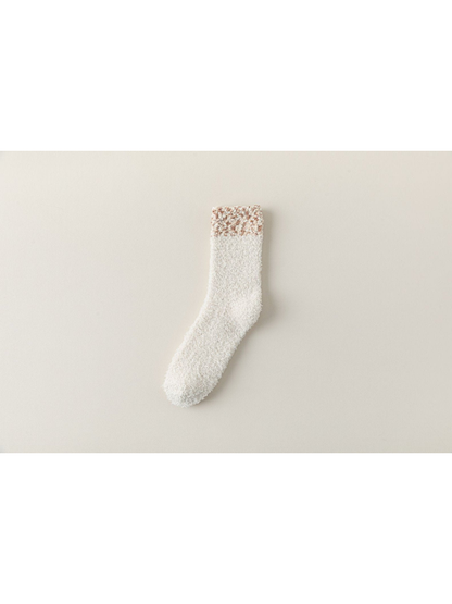 Beige Brown fuzzy crew sock with a mottled cuff