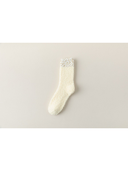 Cream Ivory fuzzy crew sock with a contrasting bobble-textured cuff
