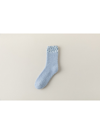 Blue White fuzzy crew sock with a mottled cuff