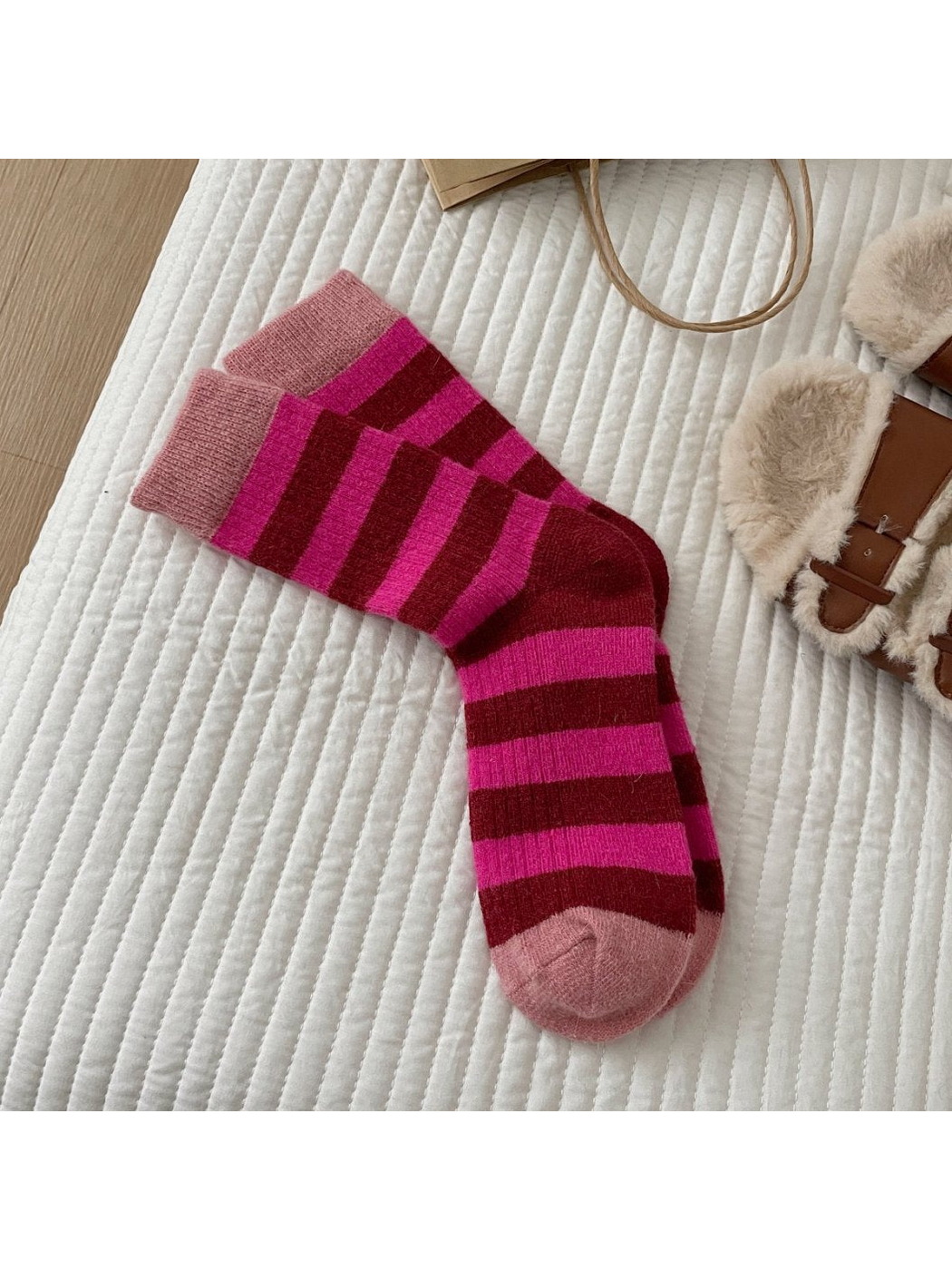 Fuchsia striped crew socks with dusty pink cuffs and toes