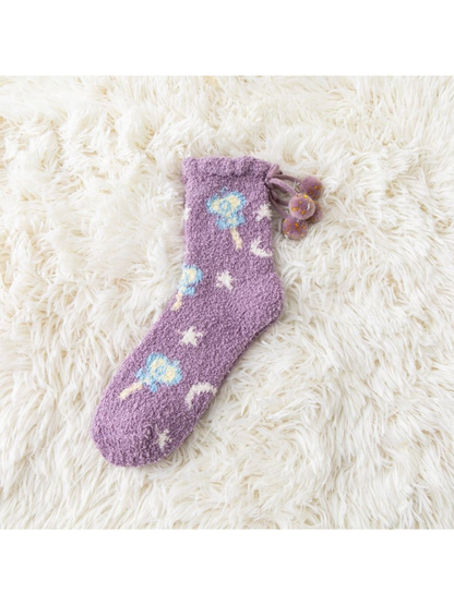 Light Purple fuzzy crew sock with lollipop, crescent and star motifs