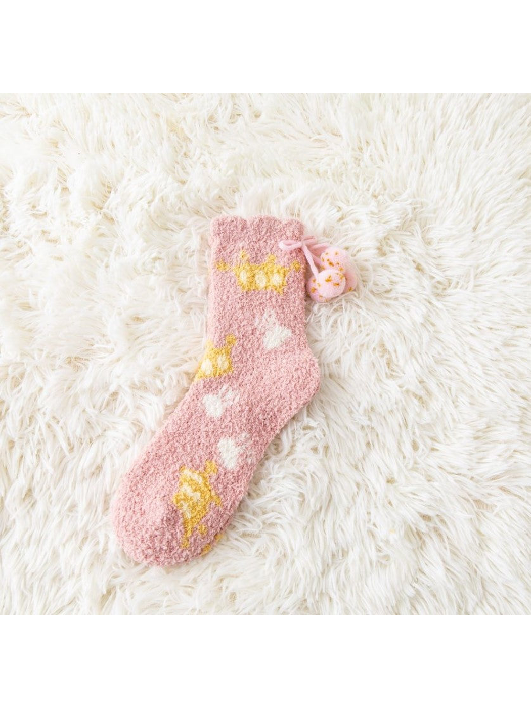 Light Pink fuzzy crew sock with candy and rabbit motifs