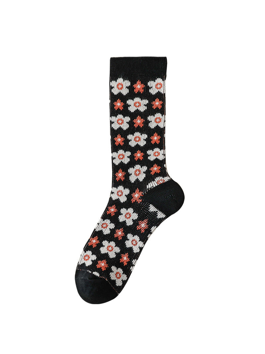 Floral black crew sock with white and orange flowers