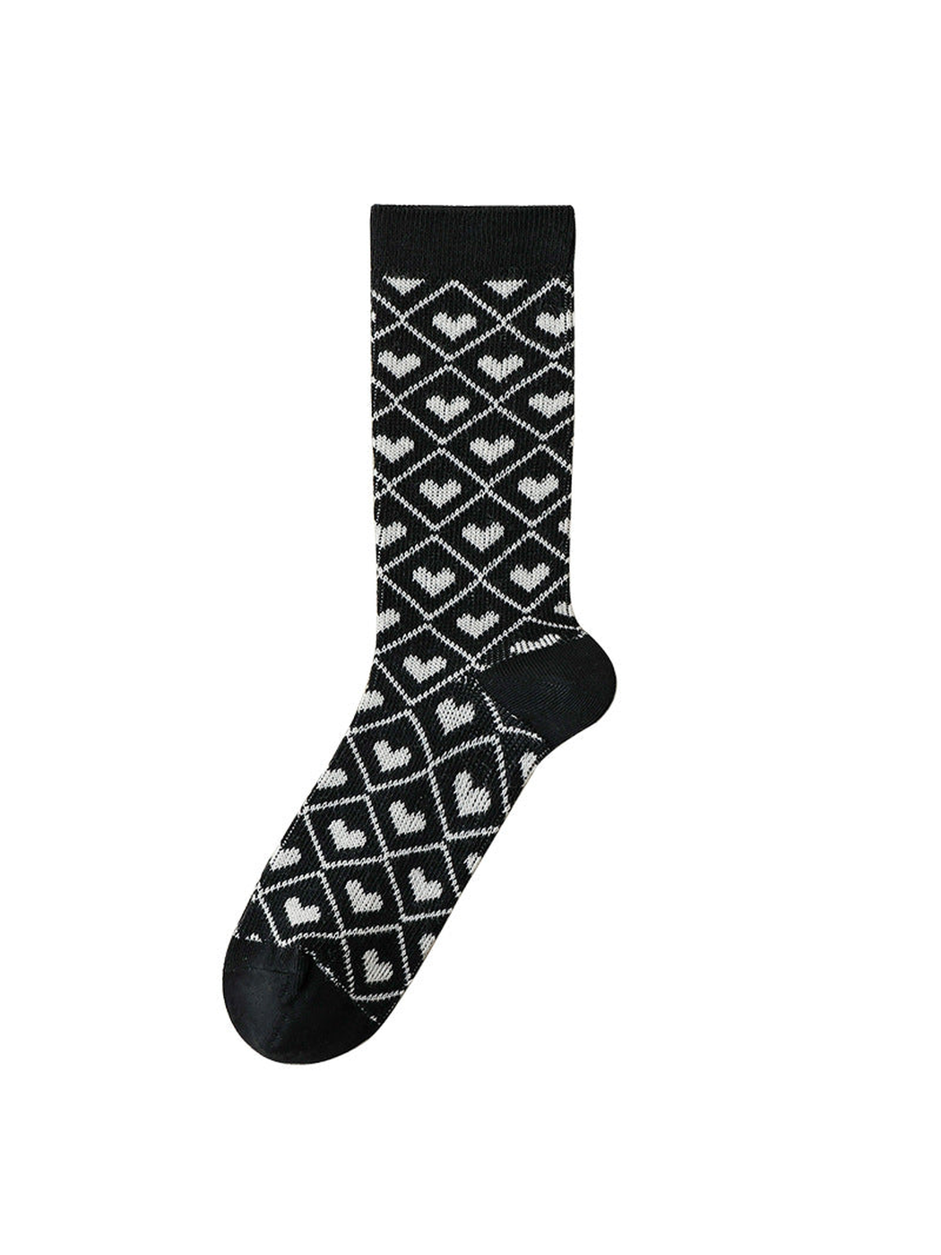 Heart black and gray crew sock with lattice pattern