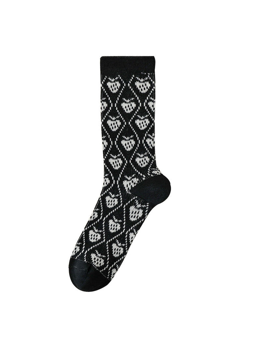Strawberry black and gray crew sock with repeating motifs