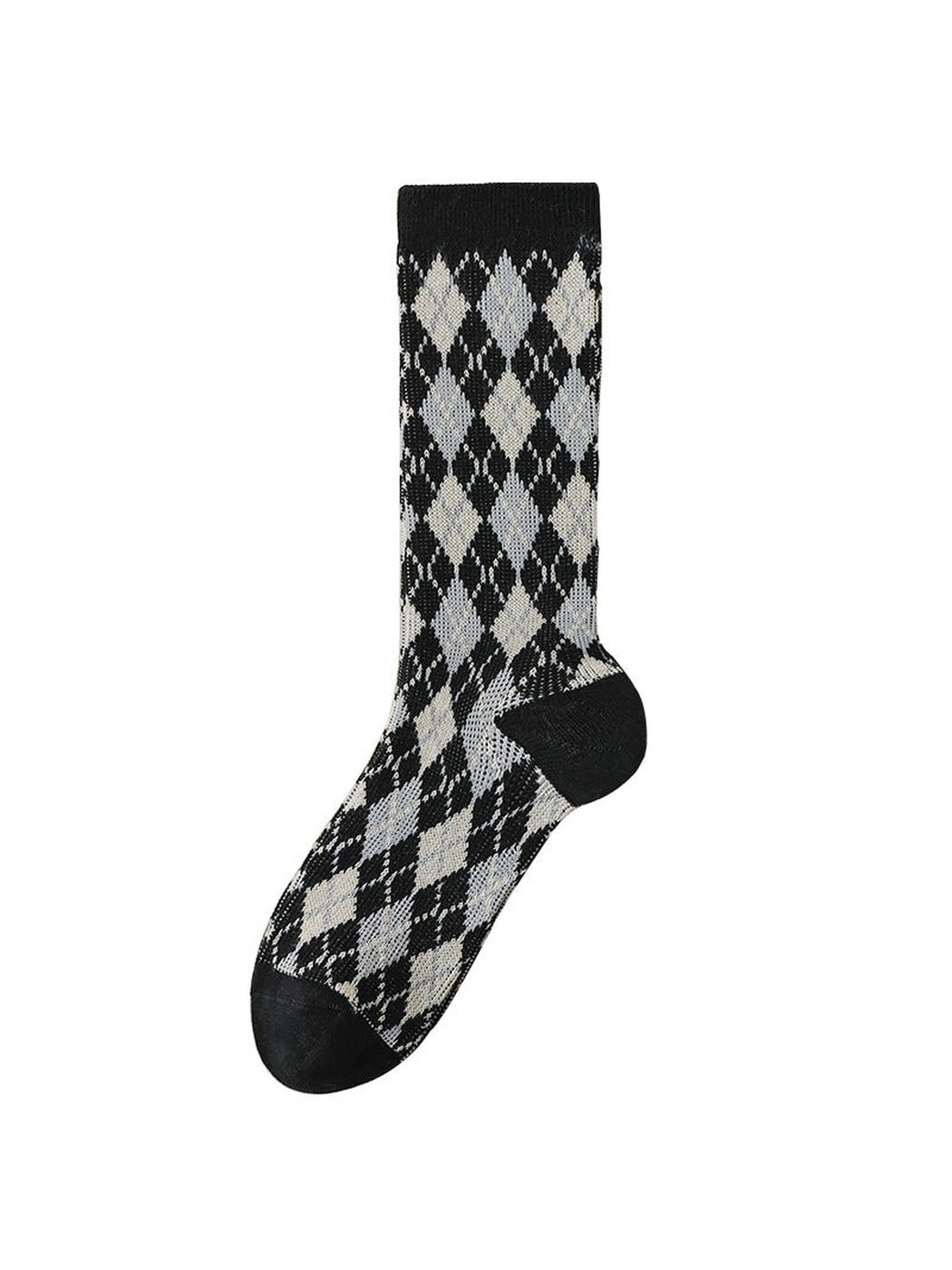 Black Gray crew sock with small argyle pattern