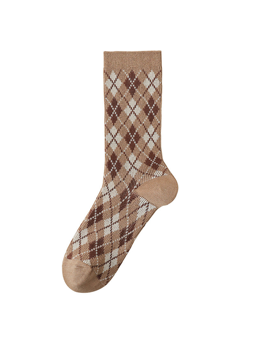 Light Coffee crew sock with neutral argyle pattern
