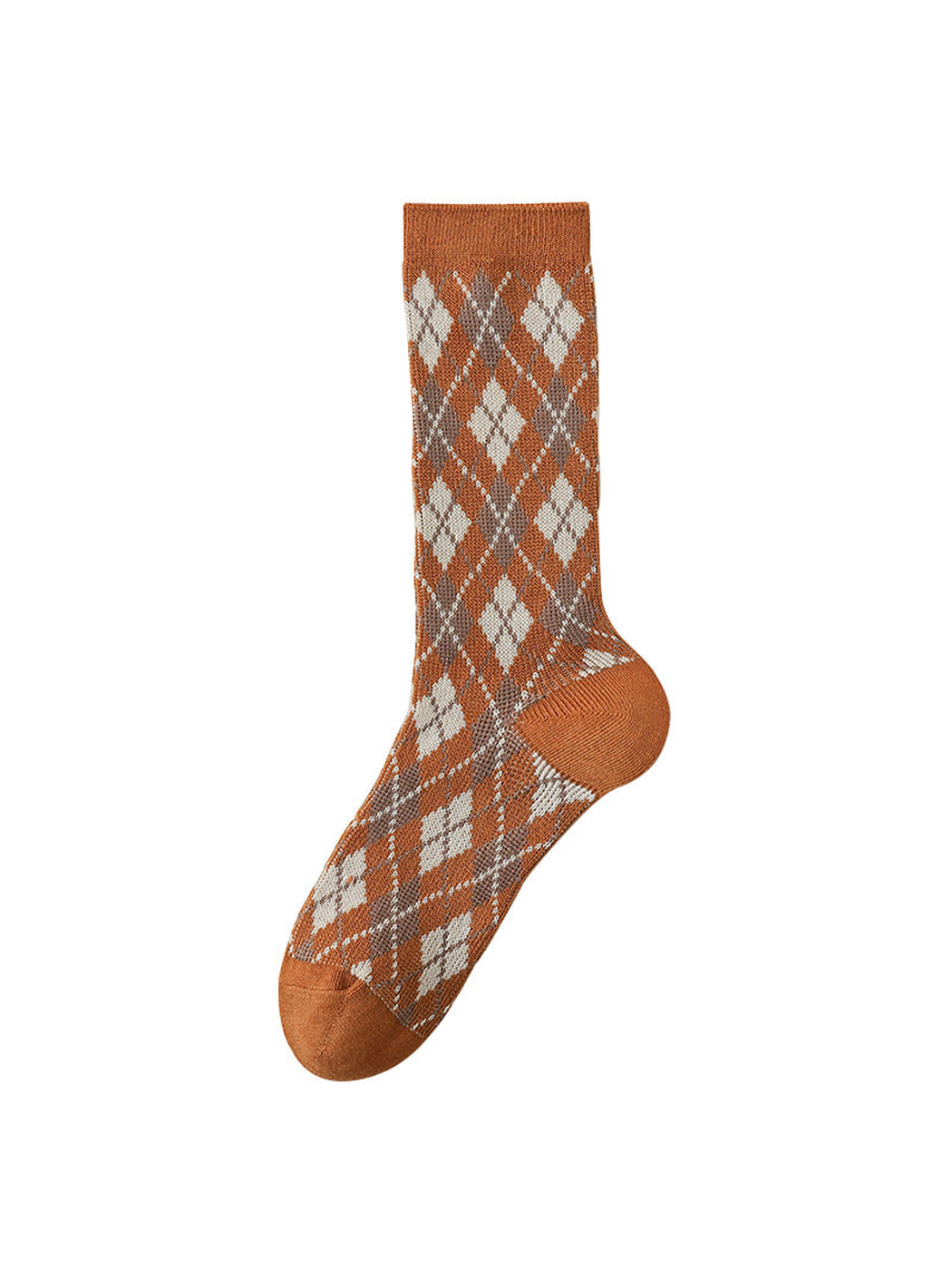 Orange crew sock with cream and brown argyle pattern