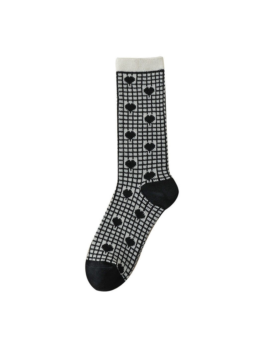 Checked Hearts cream and black crew sock