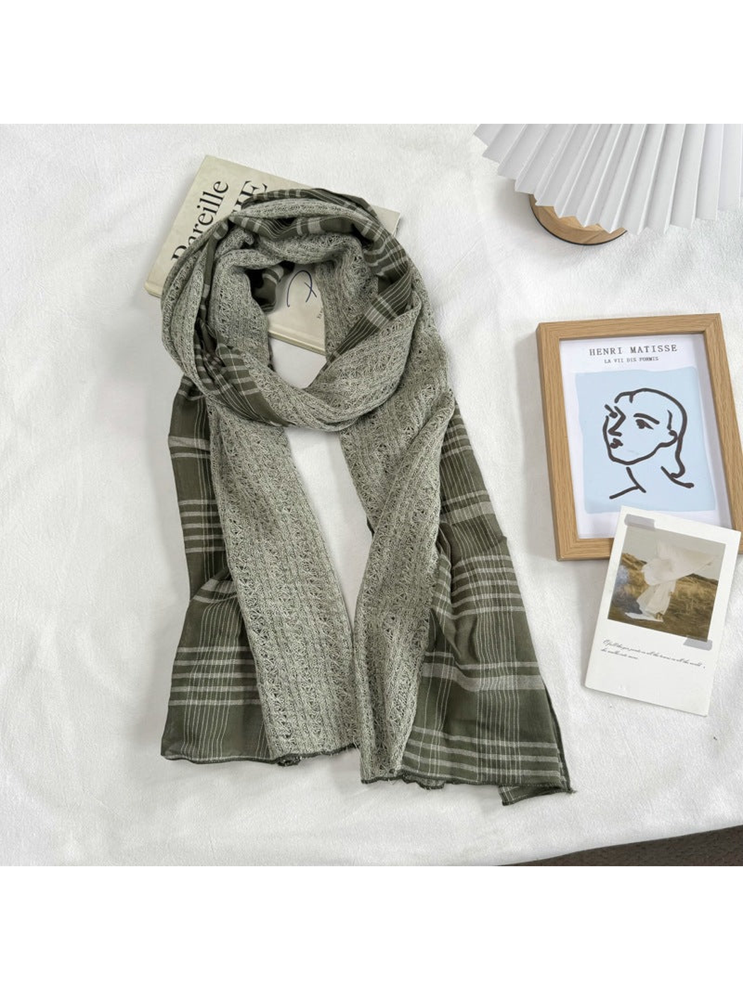 Army Green plaid scarf with contrasting openwork panels