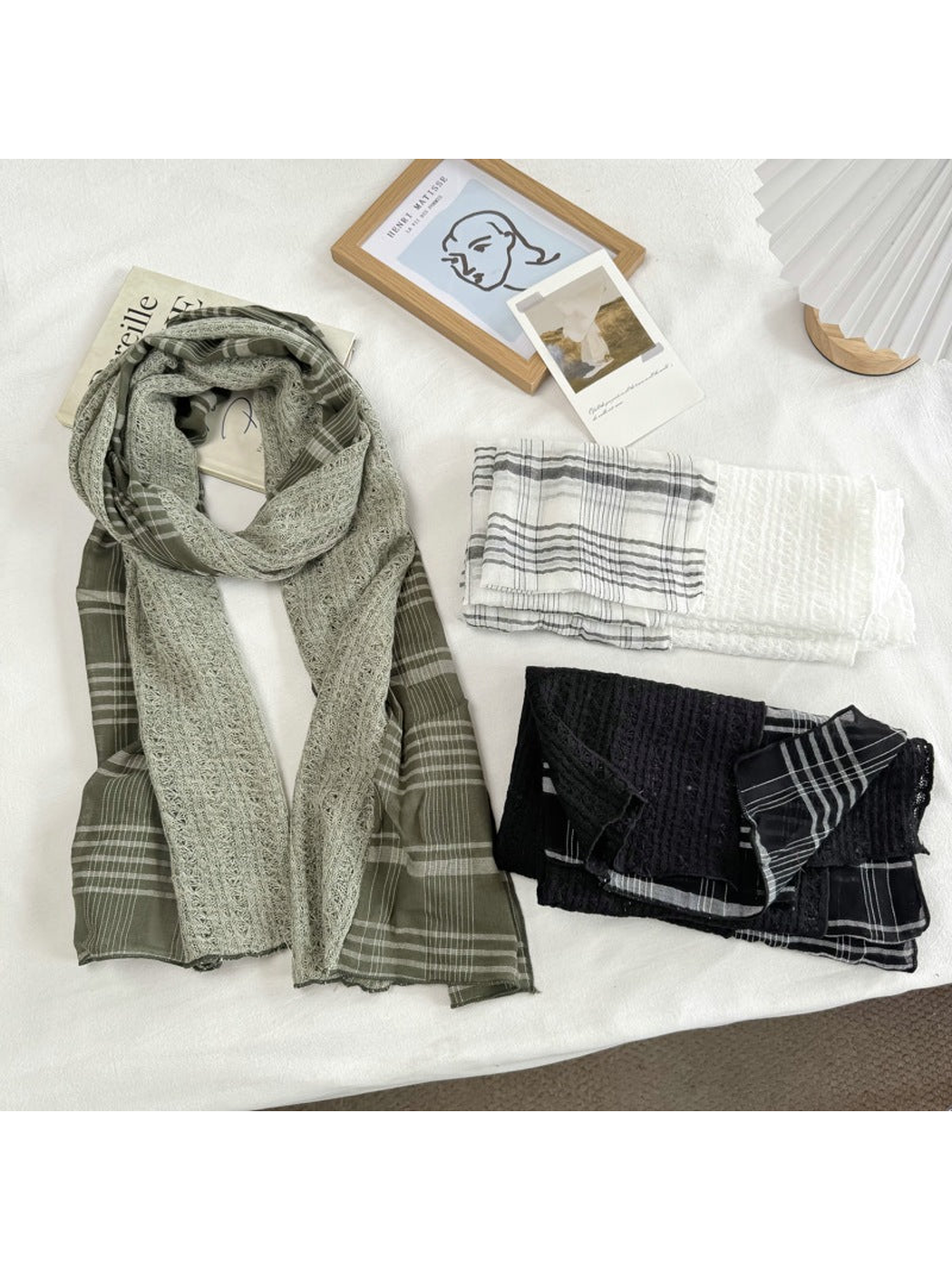 Army Green scarf displayed with folded Black and White color options