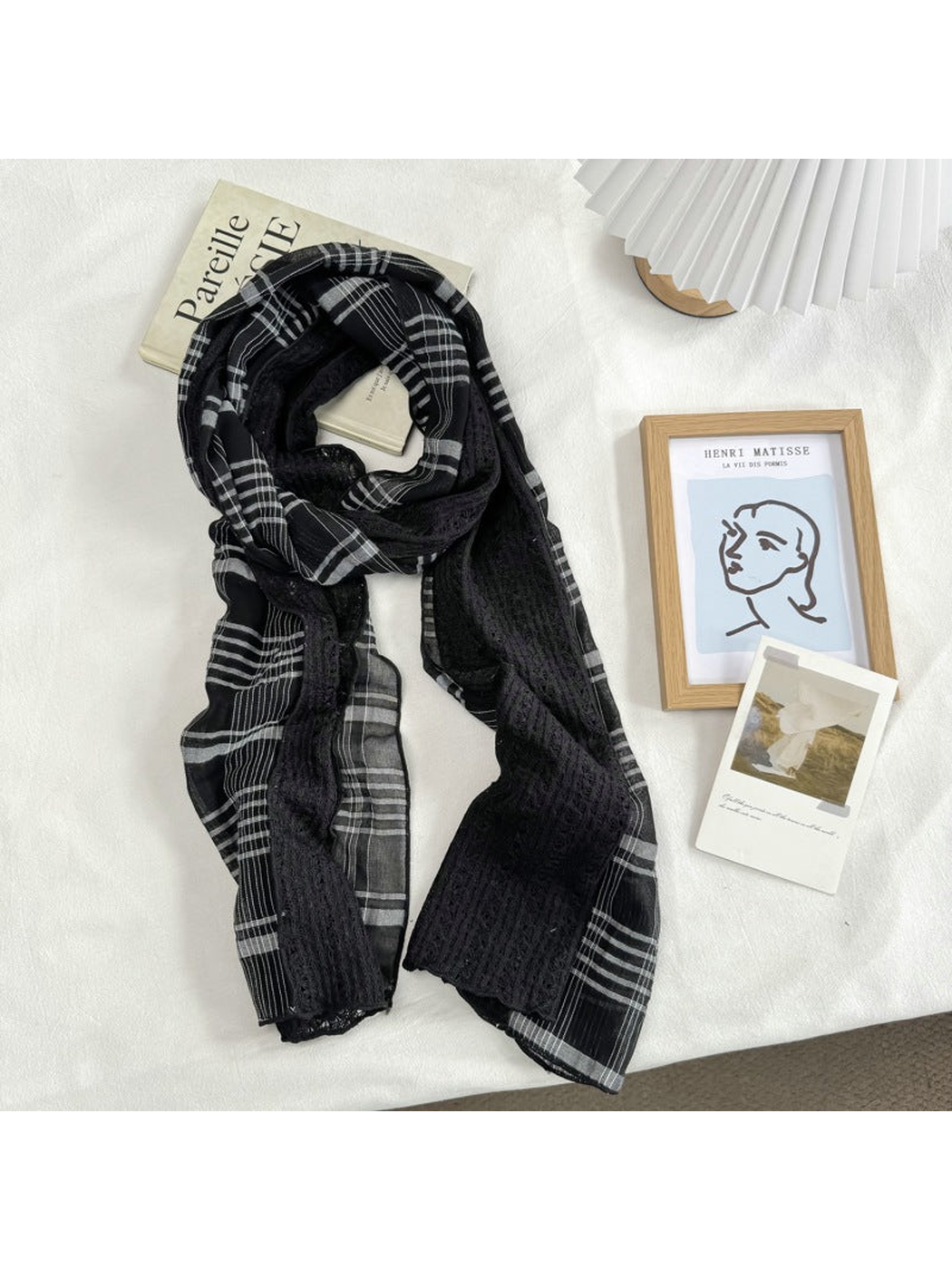 Black plaid scarf with contrasting openwork panels