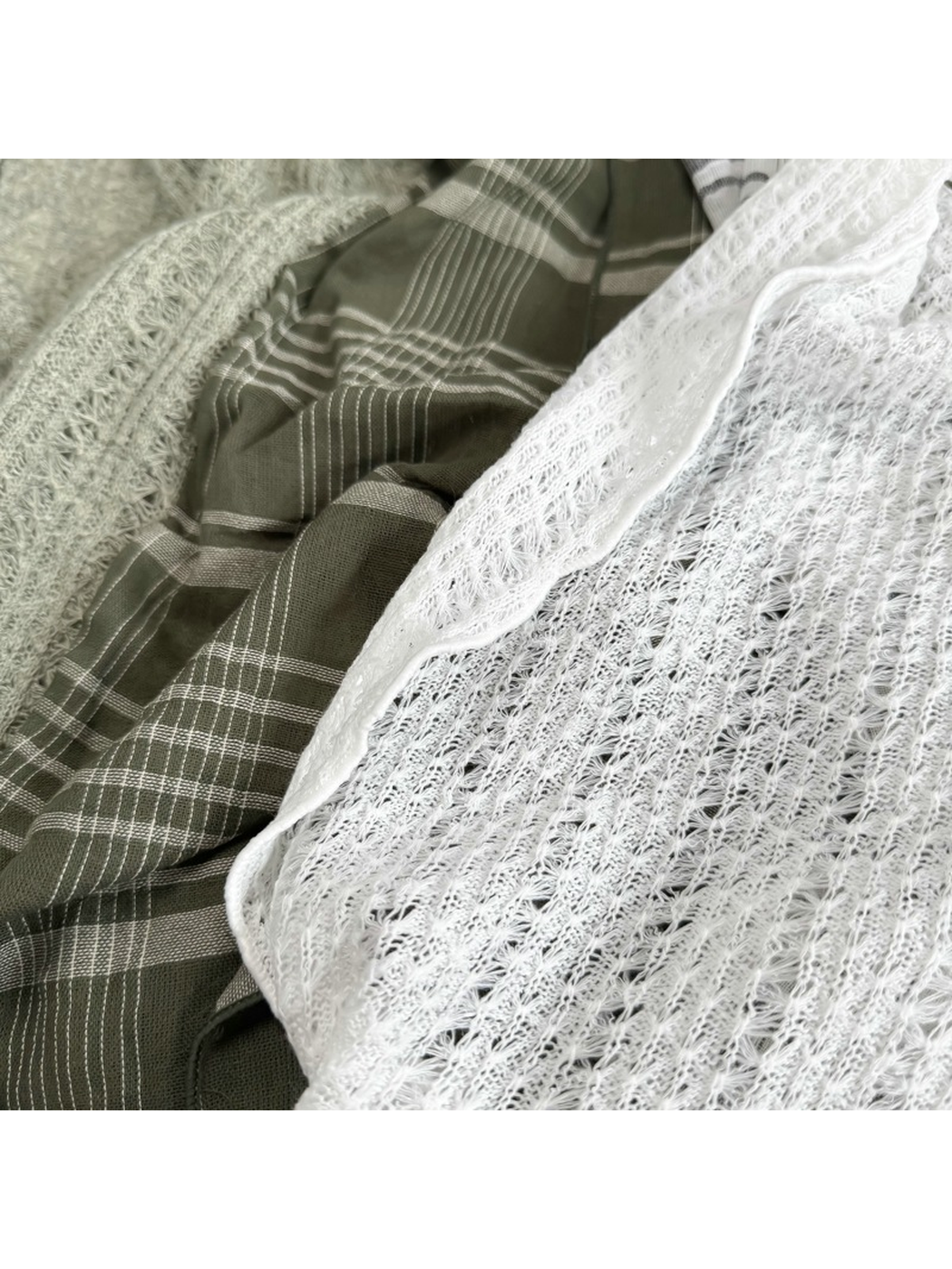 Close-up of the plaid fabric and contrasting openwork texture