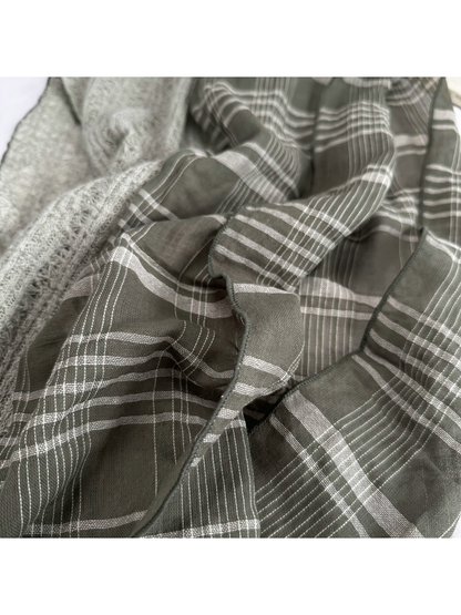 Close-up of the Army Green plaid pattern and finished edge