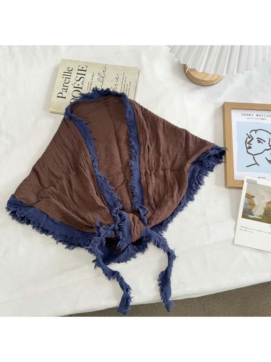 Brown Navy triangle scarf with contrasting fringed border and tie ends