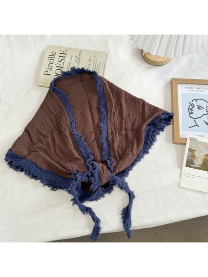Brown Navy triangle scarf with contrasting fringed border and tie ends