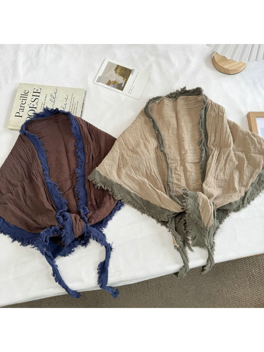 Brown Navy and Beige Green triangle scarves displayed side by side