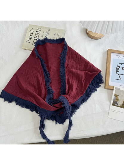 Burgundy Navy triangle scarf with contrasting fringed border and tie ends