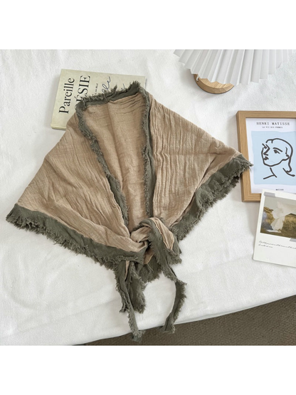 Beige Green triangle scarf with contrasting fringed border and tie ends