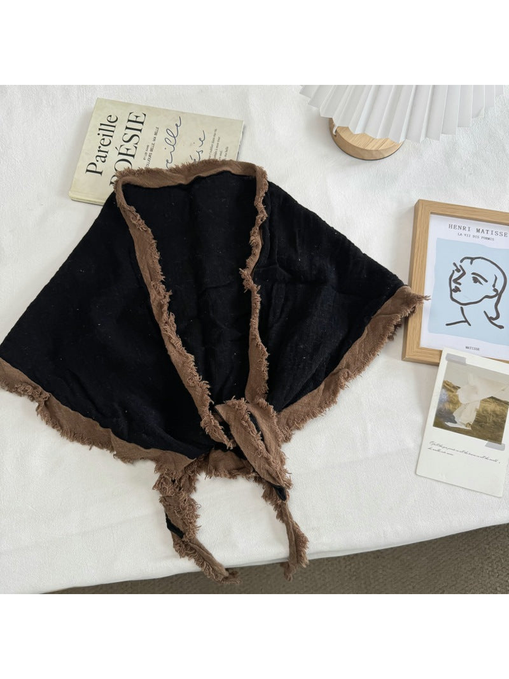 Black Brown triangle scarf with contrasting fringed border and tie ends
