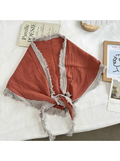 Orange Gray triangle scarf with contrasting fringed border and tie ends