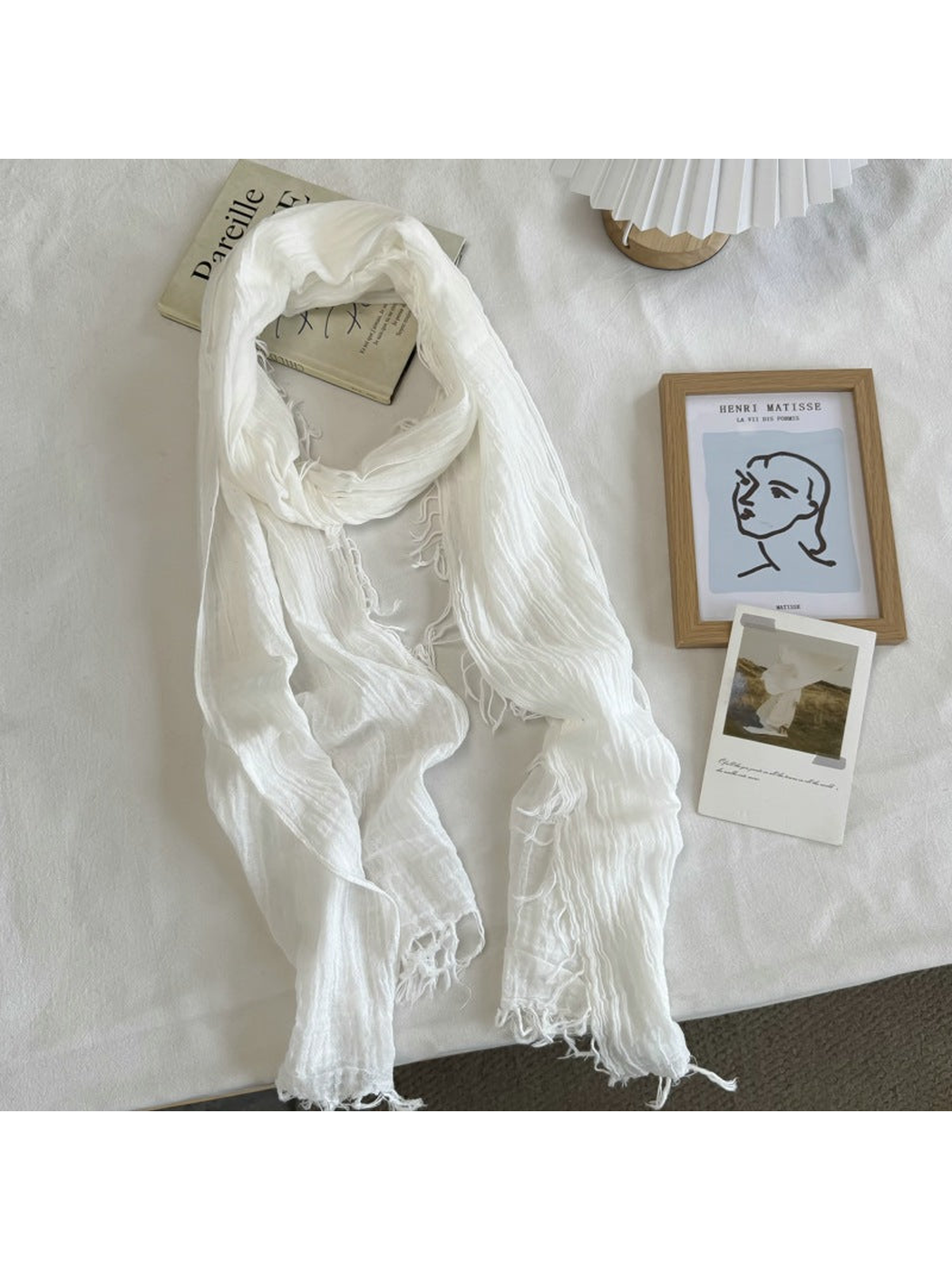 White crinkled scarf with fringed edges
