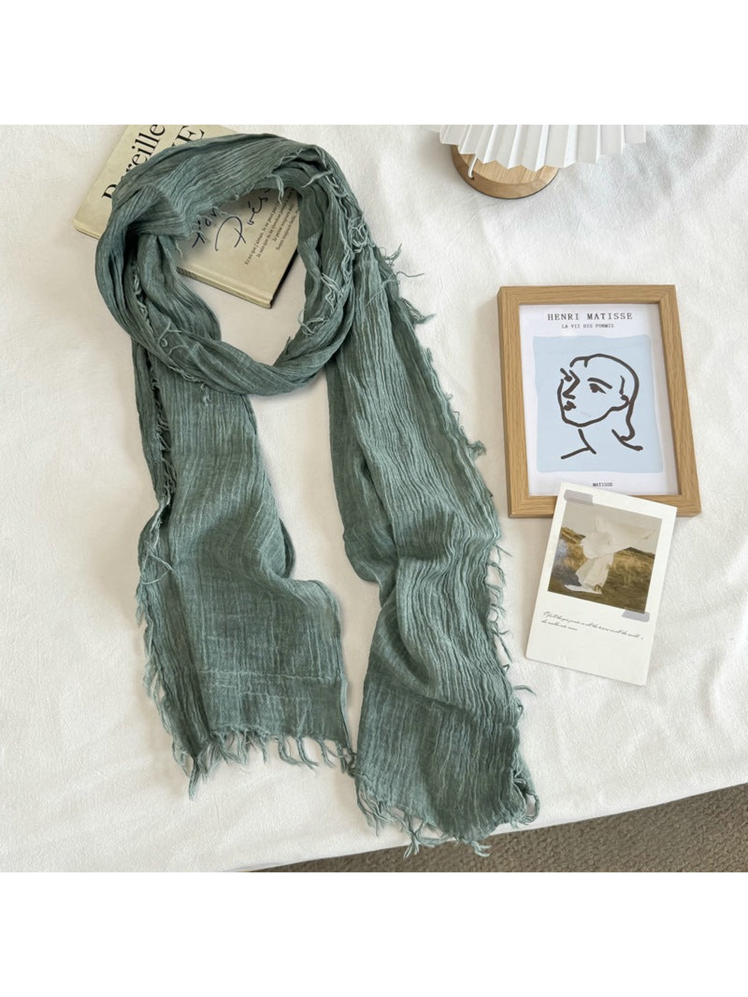 Gray Blue crinkled scarf with fringed edges