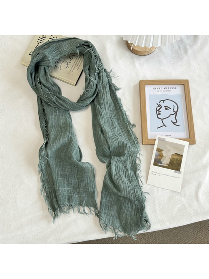 Gray Blue crinkled scarf with fringed edges