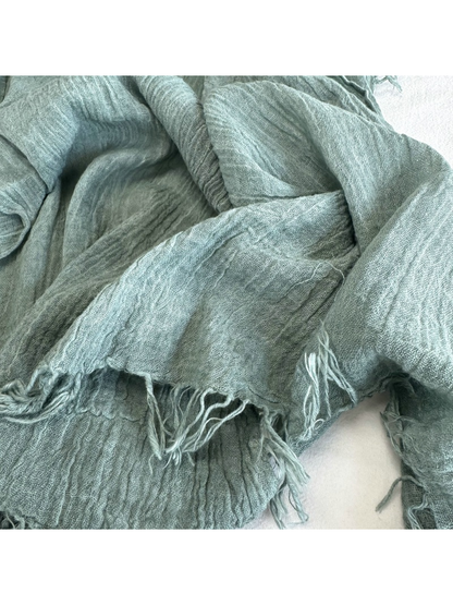 Close-up of the Gray Blue scarf texture and short fringe