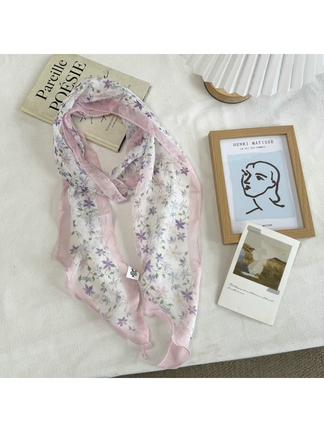 Purple Floral long scarf with flower-and-vine print, full view