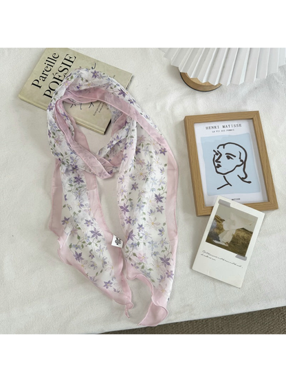 Purple Floral long scarf with flower-and-vine print, full view