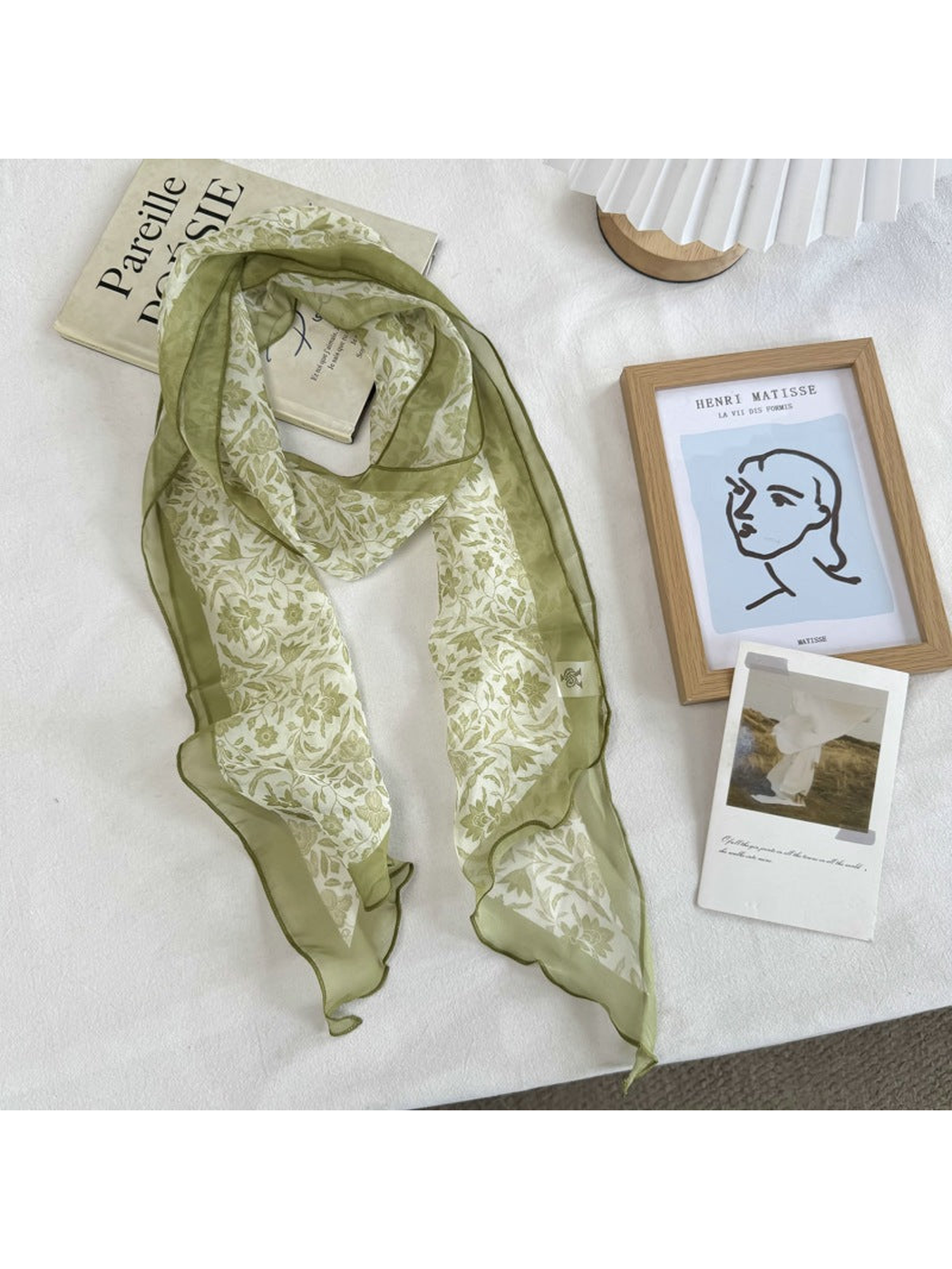 Olive Floral long scarf with botanical print, full view