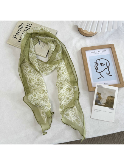 Olive Floral long scarf with botanical print, full view